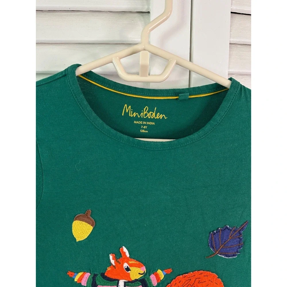 Mini Boden Size 7-8 Green Fall Autumn Forest Animals Applique Long Sleeve Dress